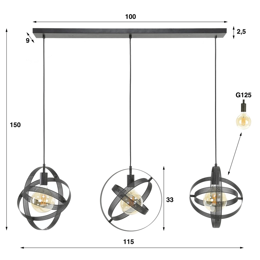 Black bulb pendant lamp Cosmos Ø 33cm - 3x E27 Lyora 8716803513402