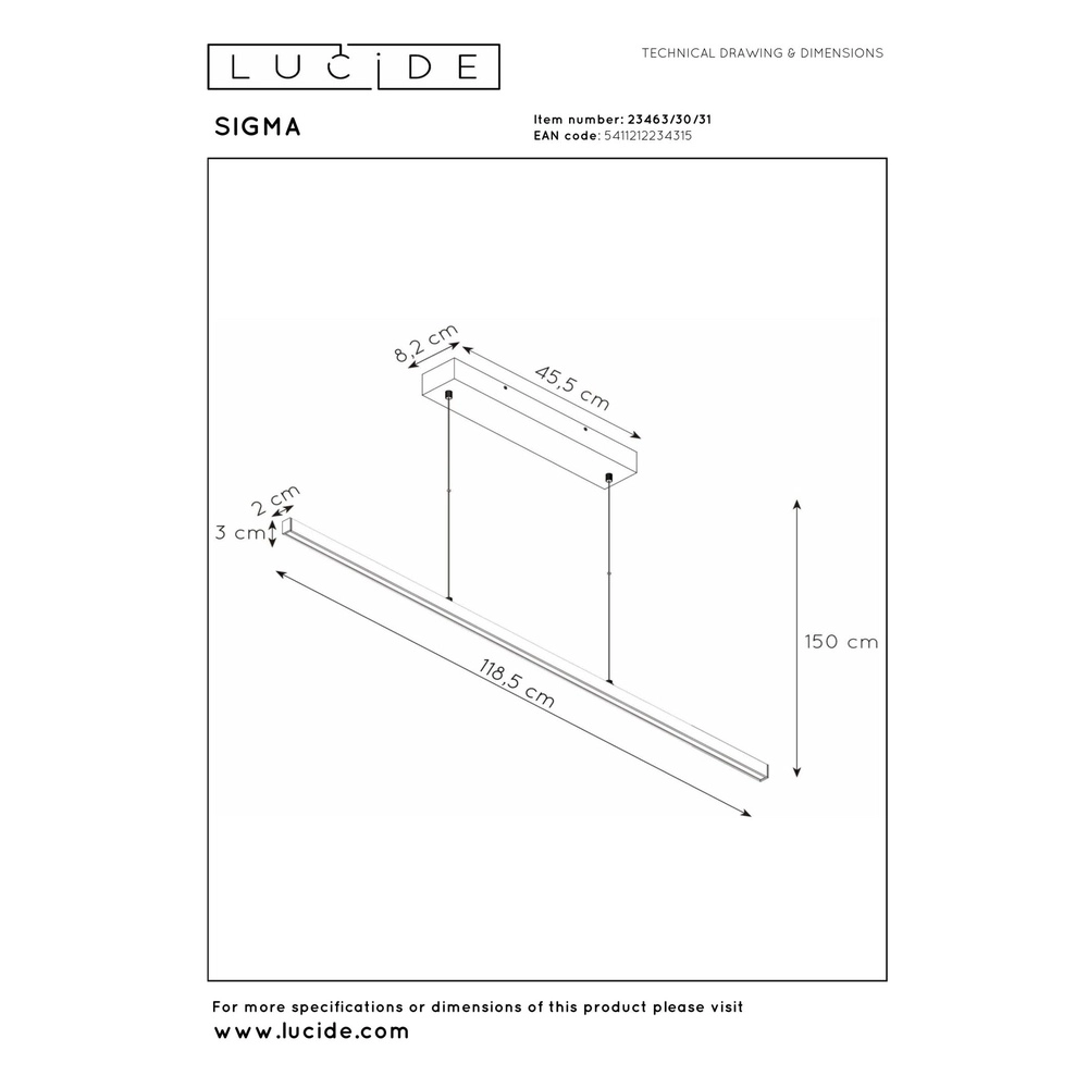 Sleek pendant lamp Sigma white 118.5cm Lucide 5411212234315