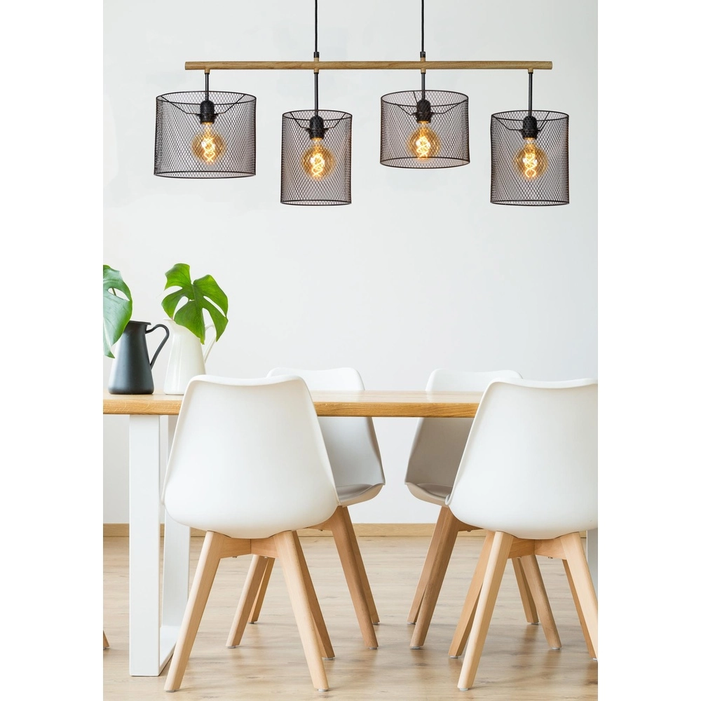 4-light pendant lamp Baskett black with wood Lucide 5411212450531