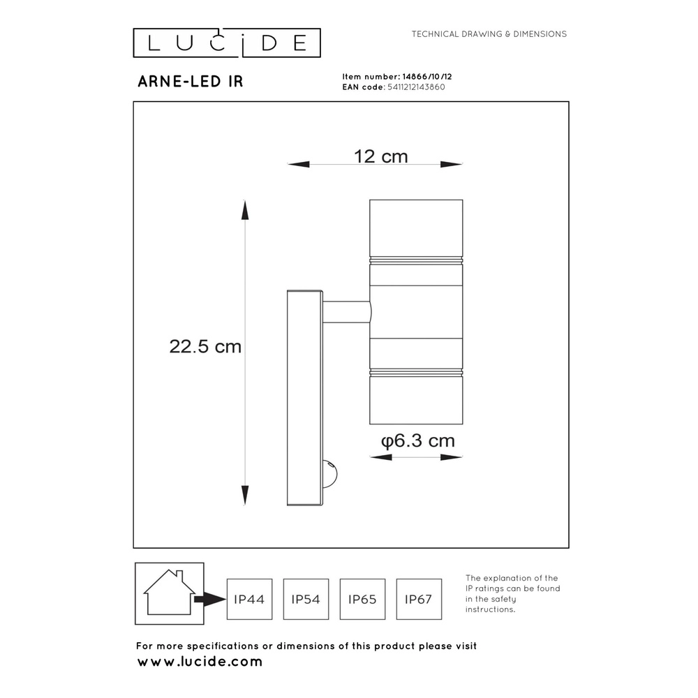Wall spotlight Arne-Led Ir Up and down chrome with sensor Lucide 5411212143860