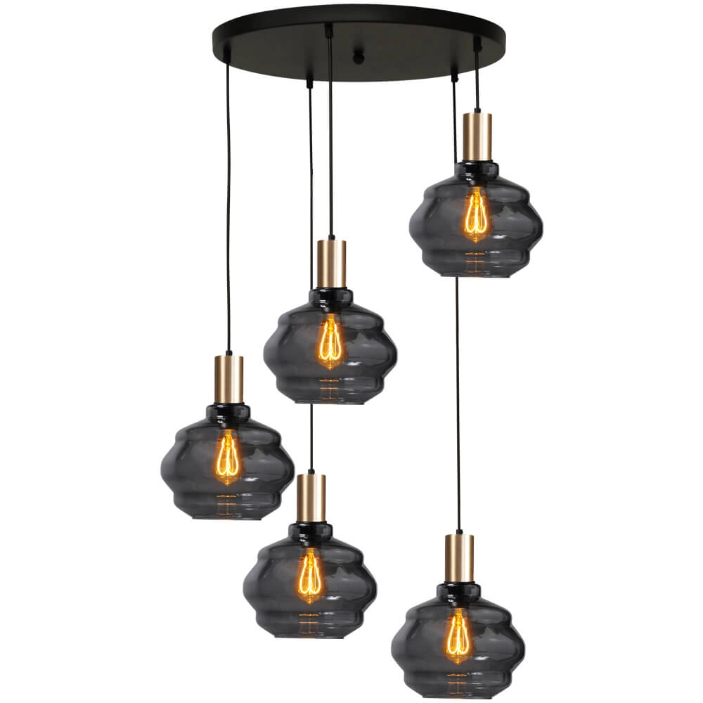5-light loft hanging lamp - gold - Porto with Ball smoke glasses - Ø 24cm