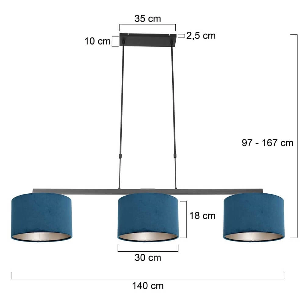 Black hanging lamp Stang with blue velvet shades Steinhauer 8712746165807