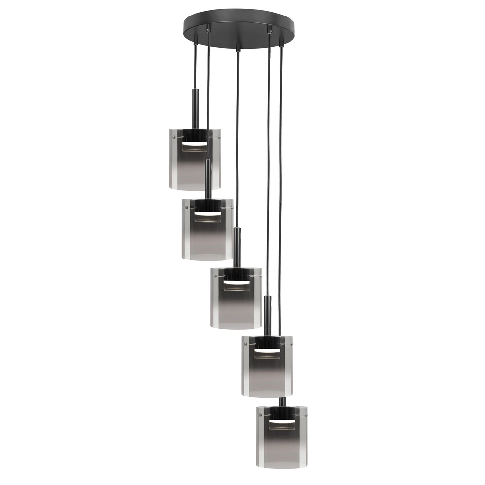 5-light pendant lamp Salerno Round black with smoke glass