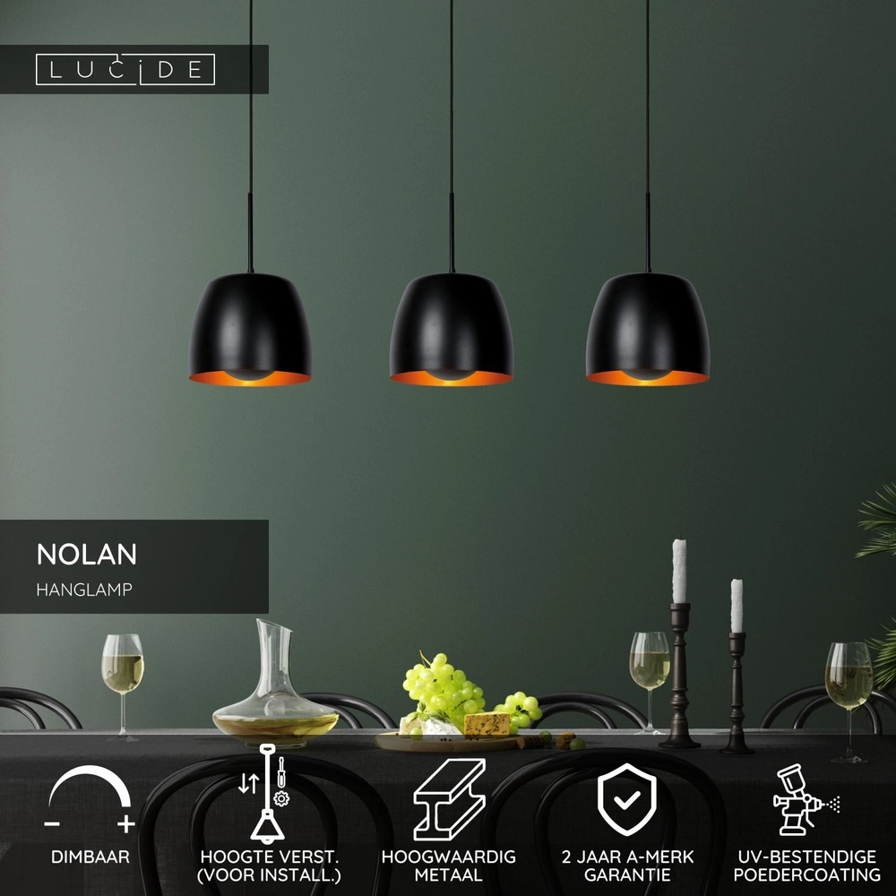 3-light pendant lamp Nolan Black Lucide 5411212302892