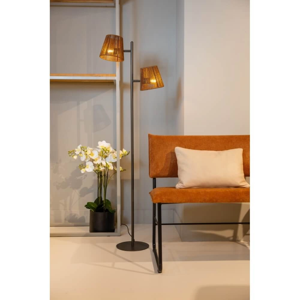 3-light floor lamp Daan brown with rattan ETH 8720195309345