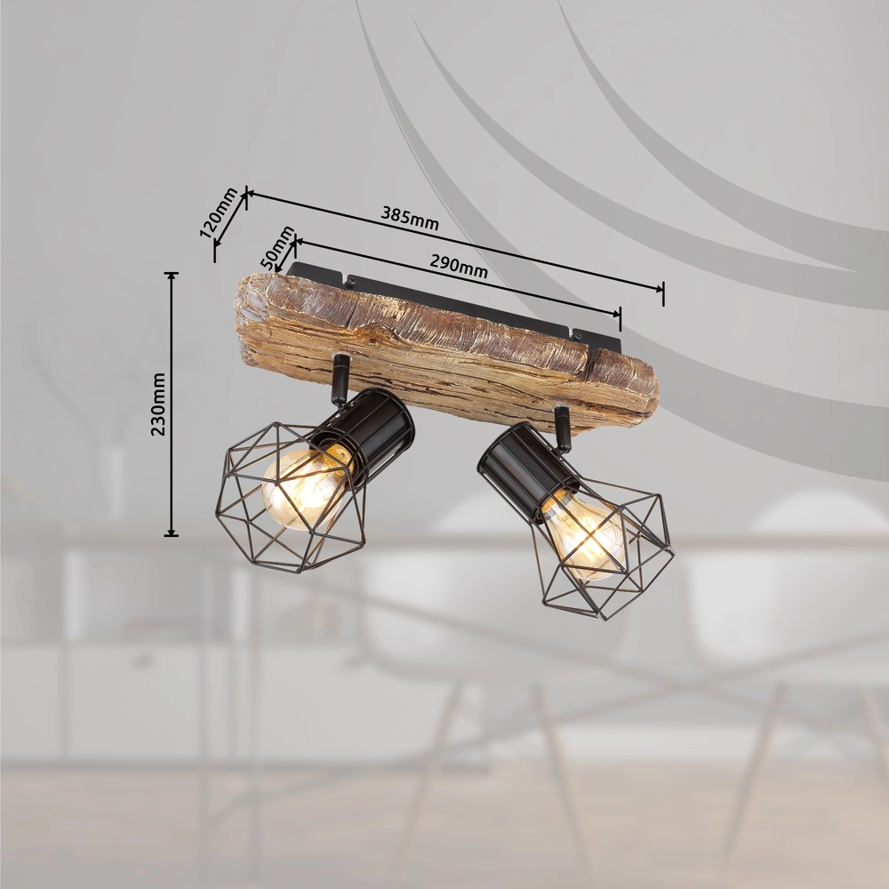 Ceiling lamp Priska 2-light black with wood Globo 9007371442362