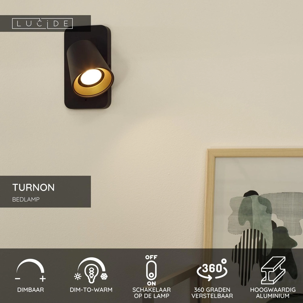 Bedside lamp Turnon dim to warm black Lucide 5411212092502