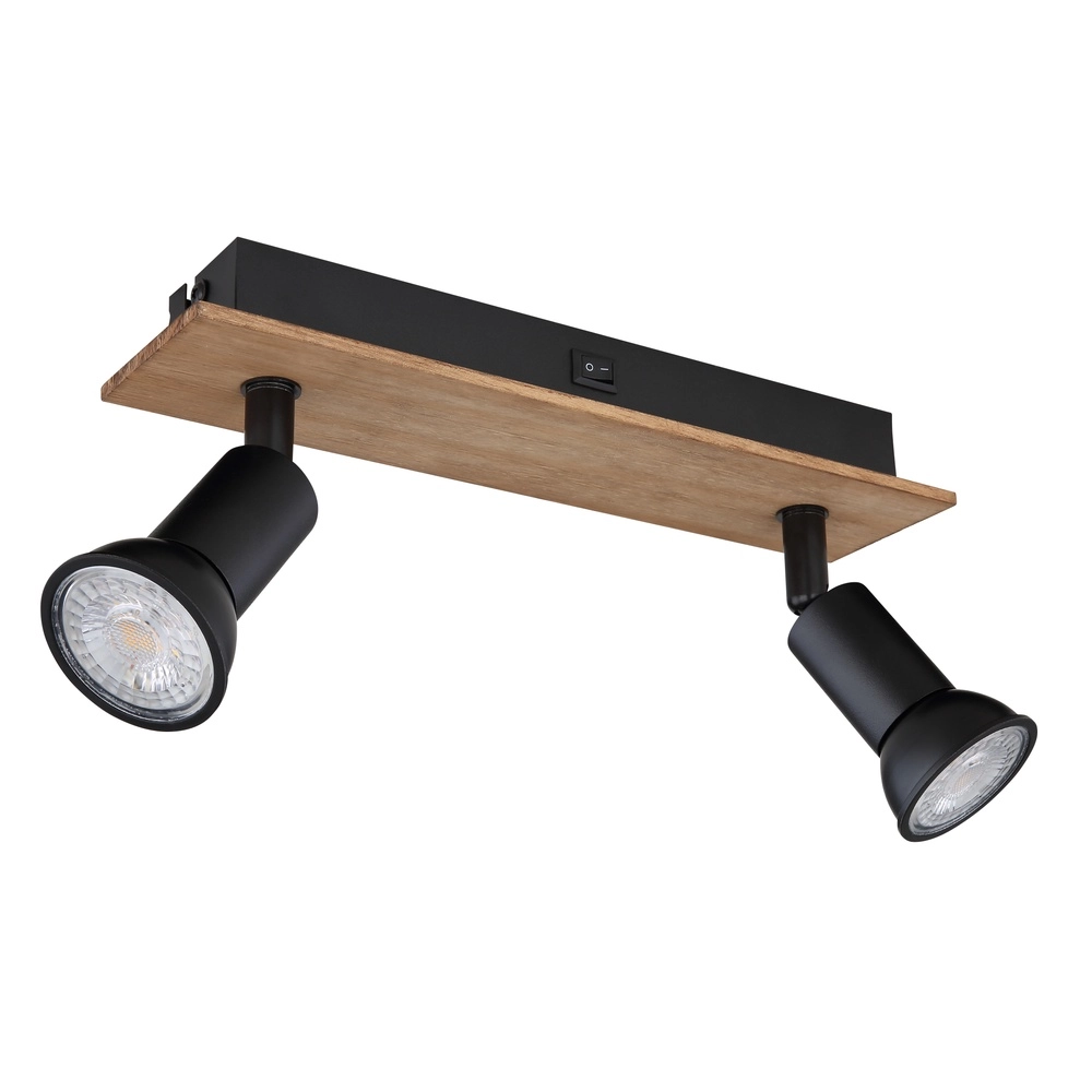 Ceiling spotlight Drew black with wood 2-lights Globo 9007371430789