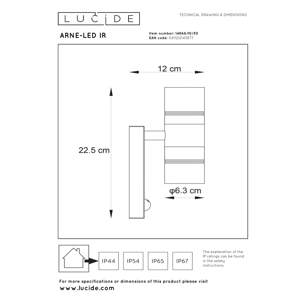 Wall spotlight Arne-Led Ir Up and down black with sensor Lucide 5411212143877