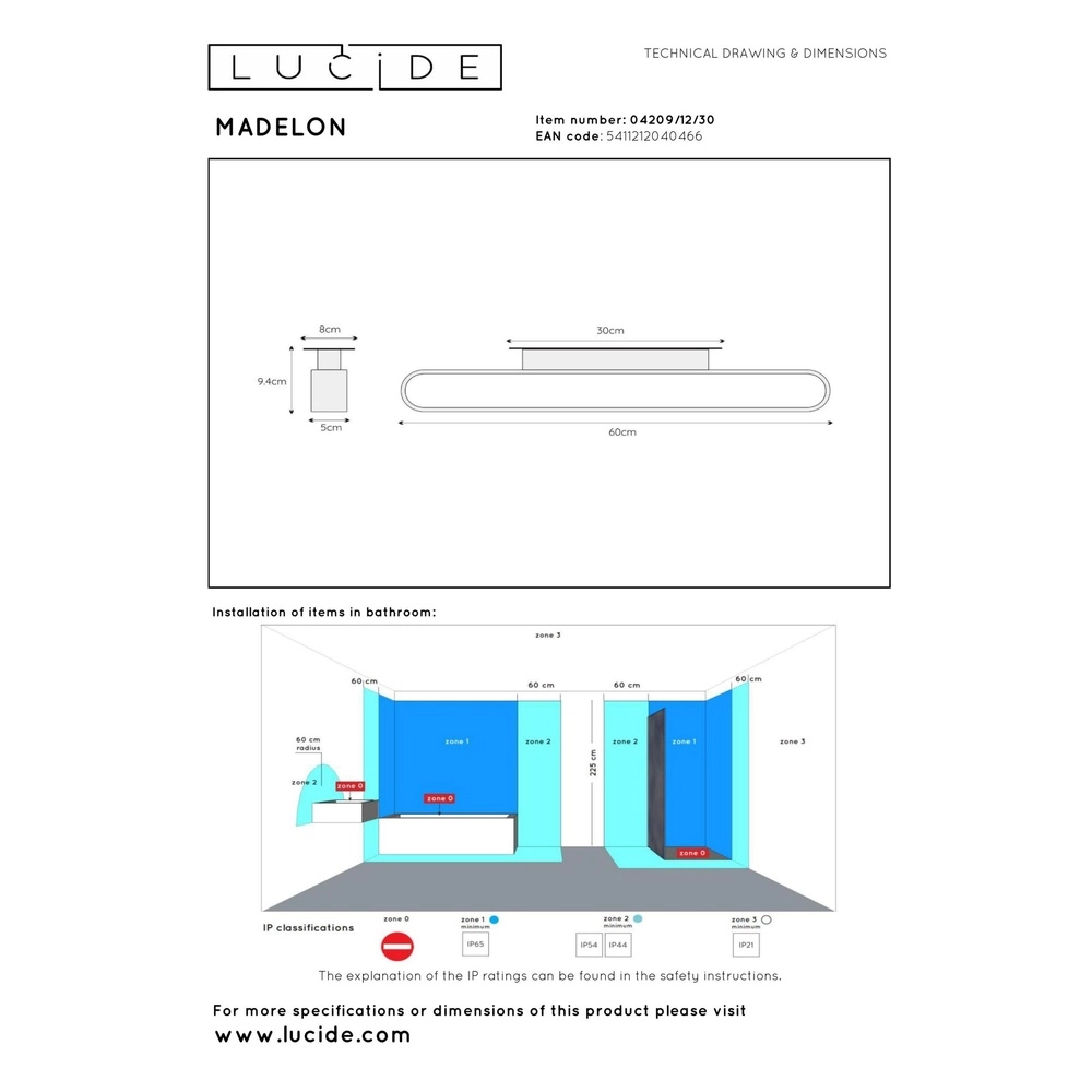 Wall lamp Madelon Suitable for bathroom black Lucide 5411212040466