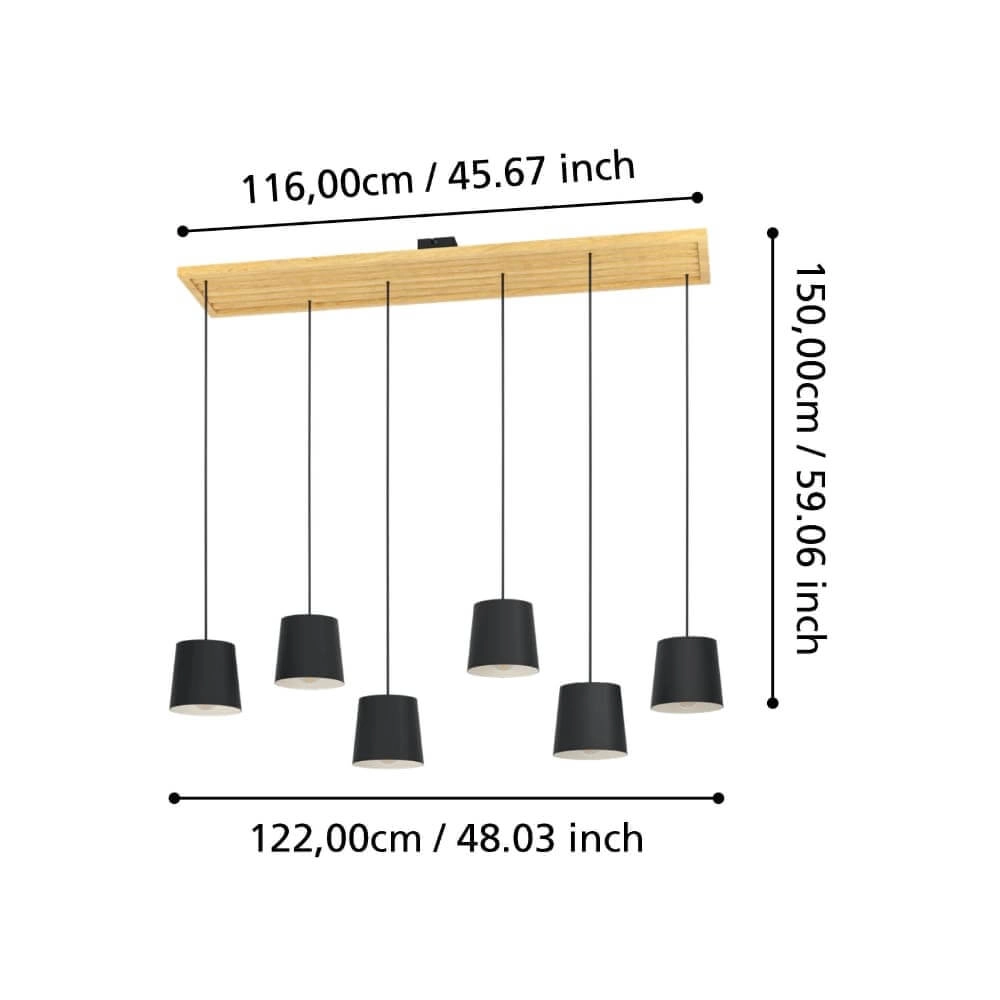 6-light hanging lamp Camarioca wood with black Stars of Light 9008606239047