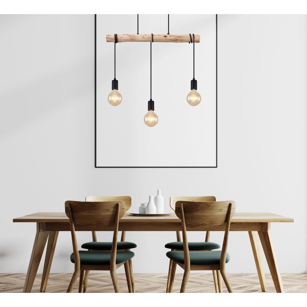 3-light dining table pendant lamp Gregor black with wood Globo 9007371436330