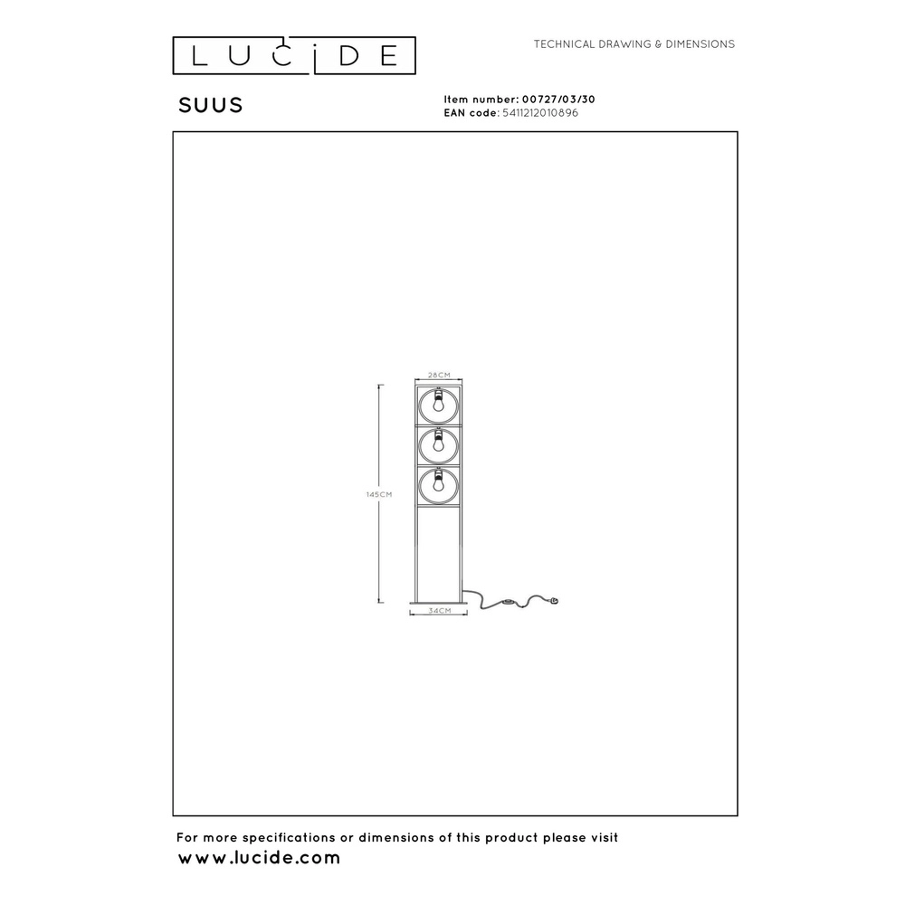 Unique floor lamp Suus 3-light black Lucide 5411212010896