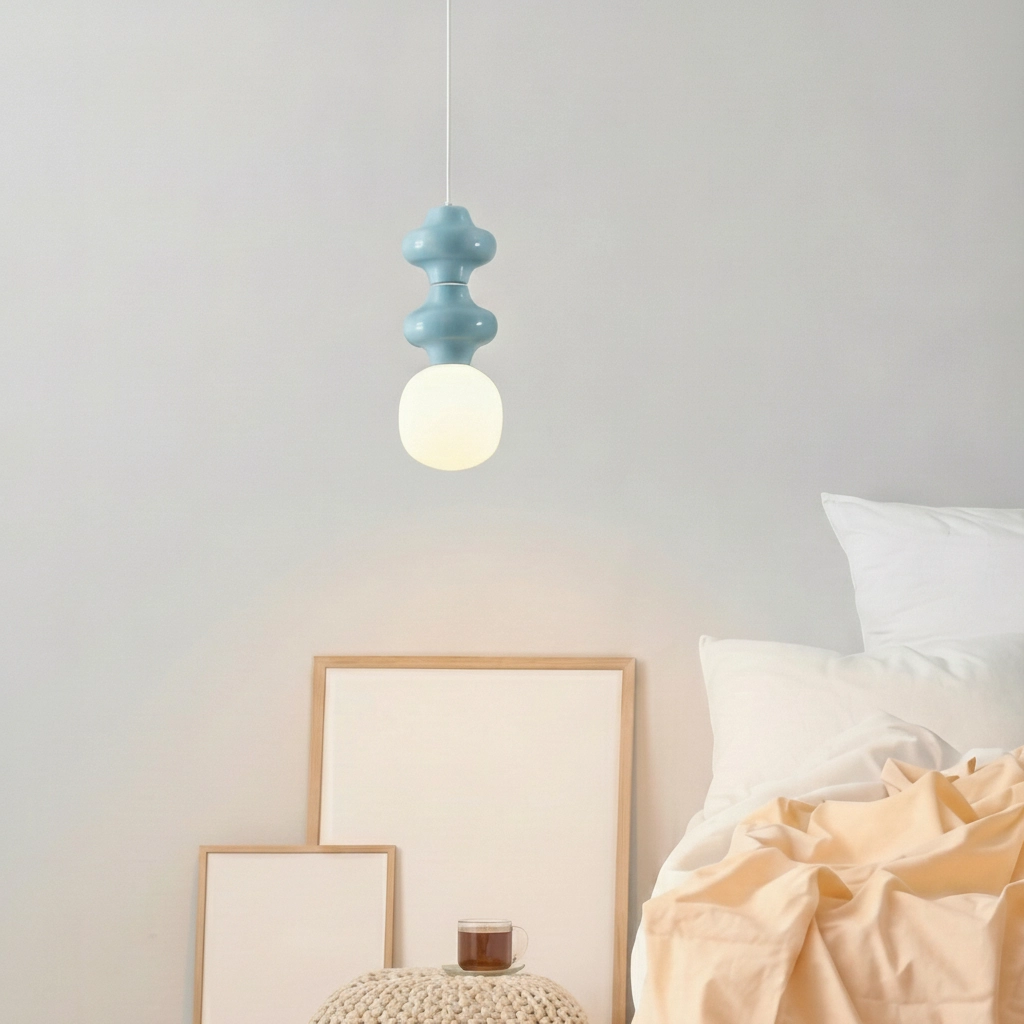 Pendant lamp Clio M blue keremia with white glass
