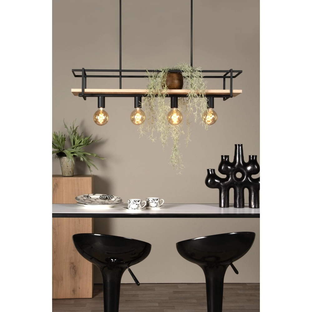 4-light pendant lamp Milonga black with wood Lucide 5411212211750