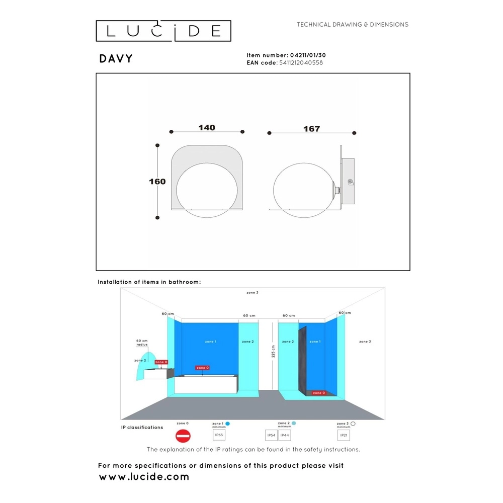Design wall lamp Davy black suitable for bathroom Lucide 5411212040558