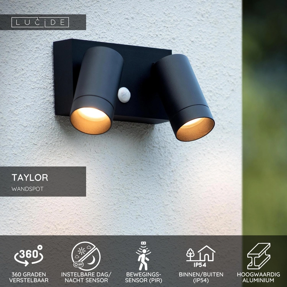 Wall spotlight Taylor IP54 double with sensor black Lucide 5411212092717