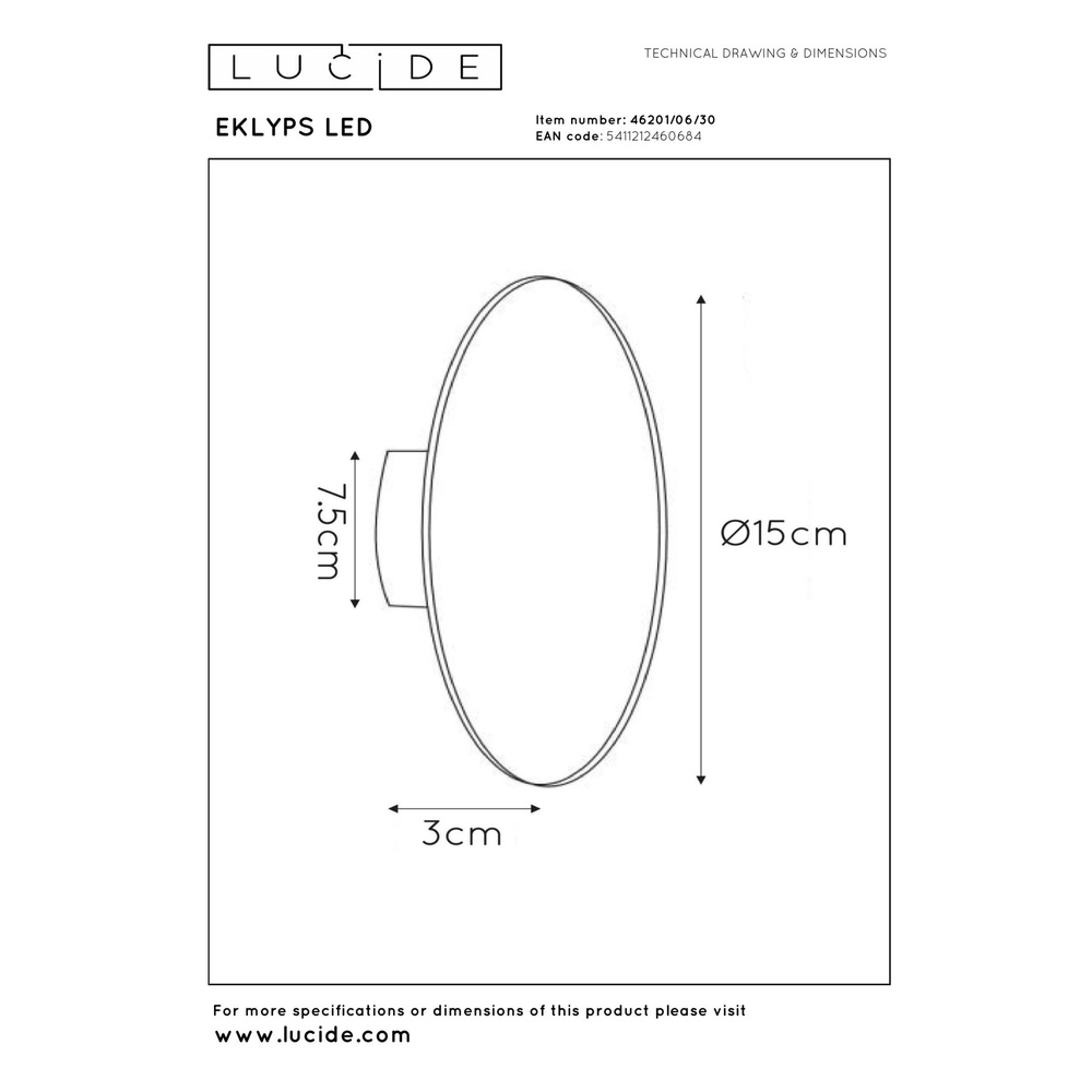 Design wall lamp Eklyps Led Ø 15cm black Lucide 5411212460684