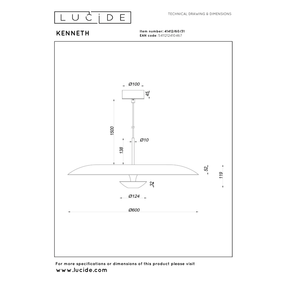 Design pendant lamp Kenneth white Ø 60cm Premium by Lucide 5411212410467