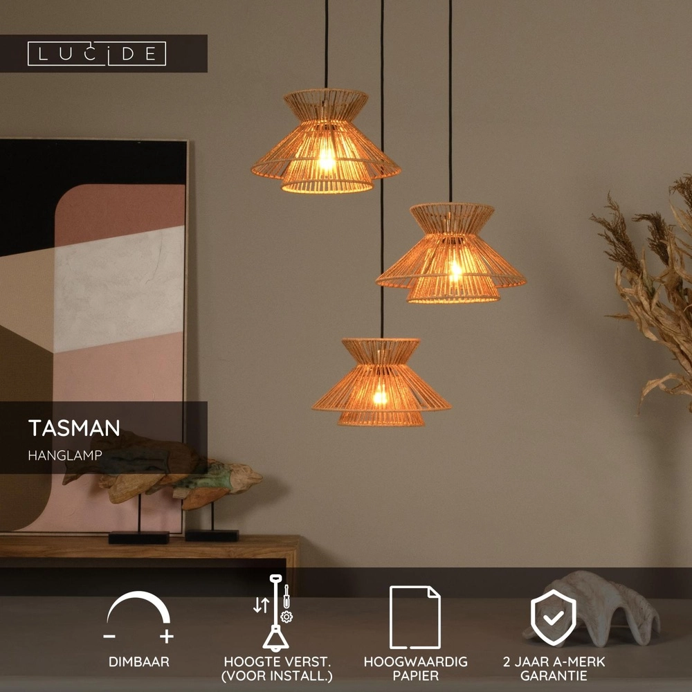 Pendant lamp Tasman 3-light rattan Lucide 5411212105998