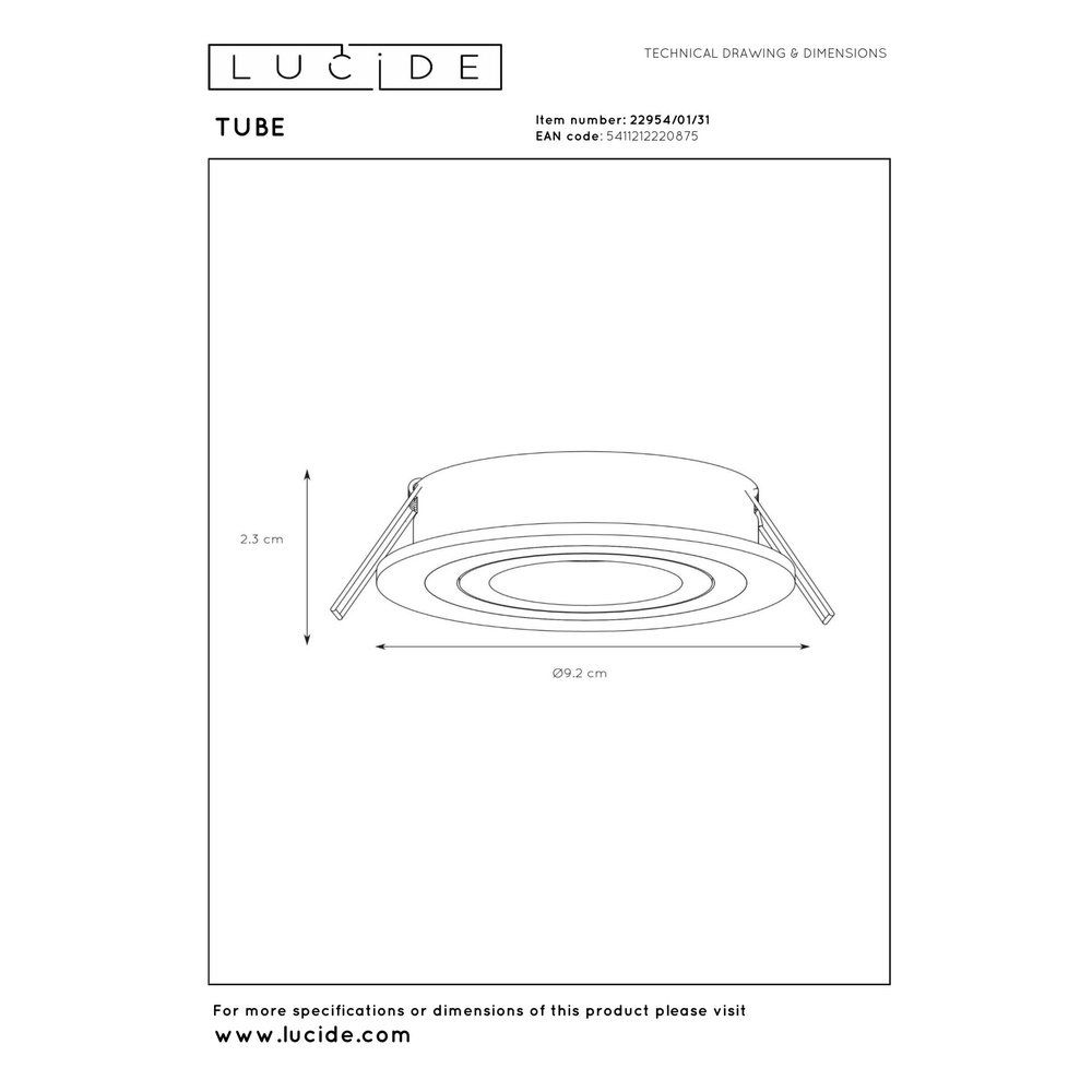 Recessed spotlight Tube white Ø 9.2cm Lucide 5411212220875