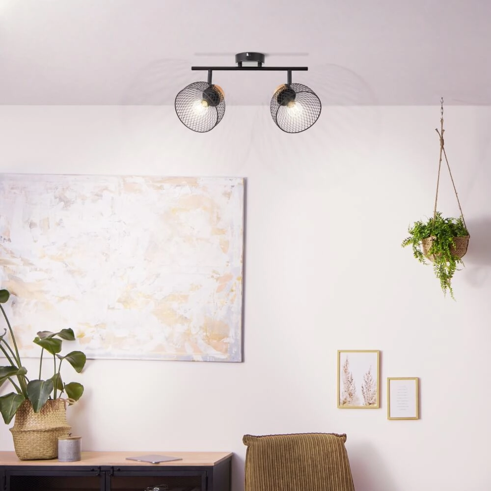 2-light ceiling lamp Thuy black with wood Brilliant 4004353409578