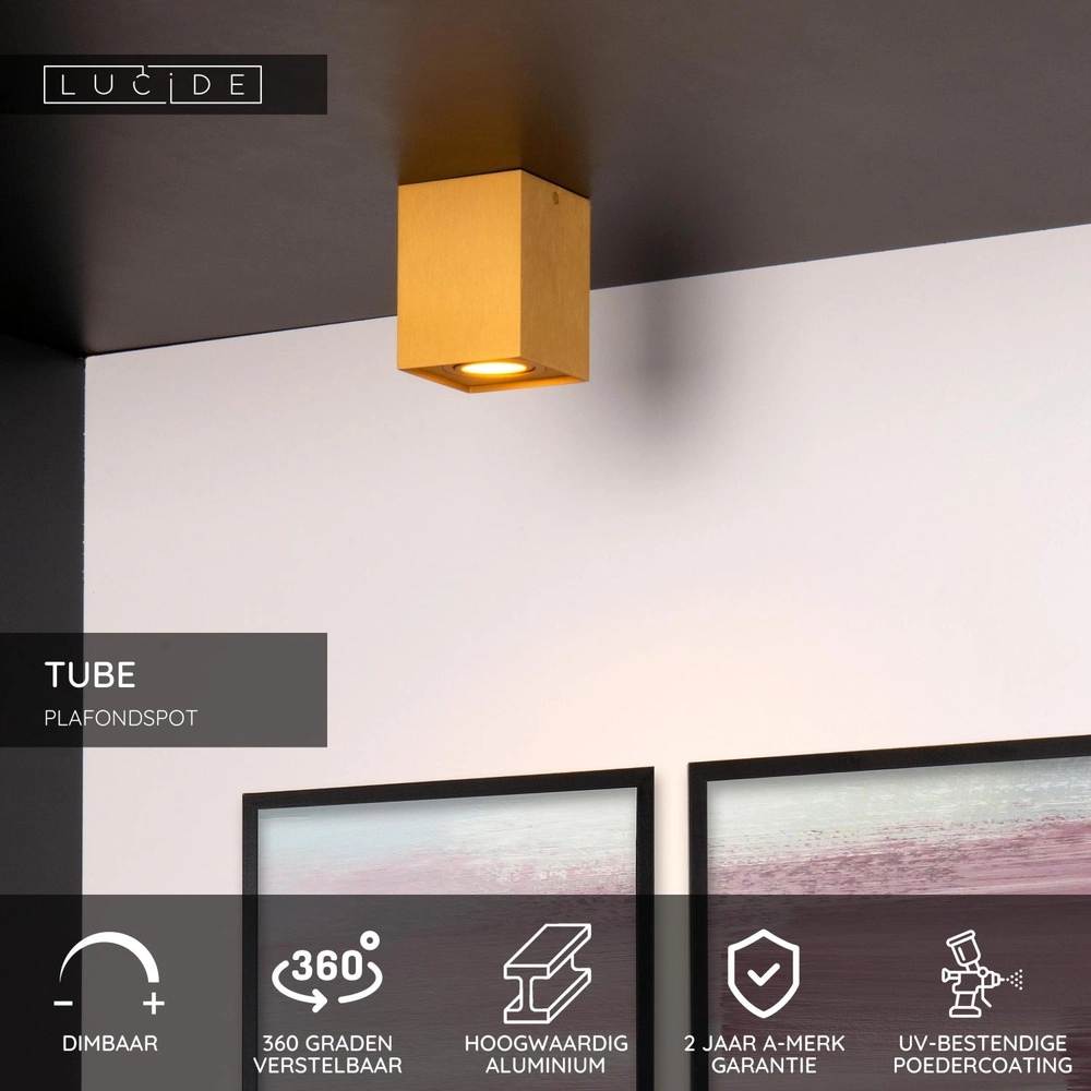Surface-mounted ceiling spot Tube square gold Lucide 5411212221490