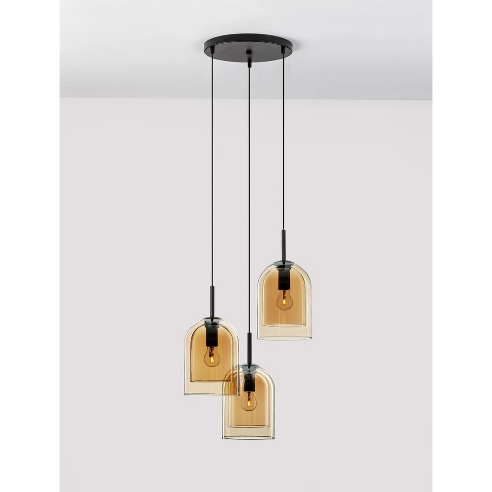 Pendant lamp Velor 3-light black with amber glass round