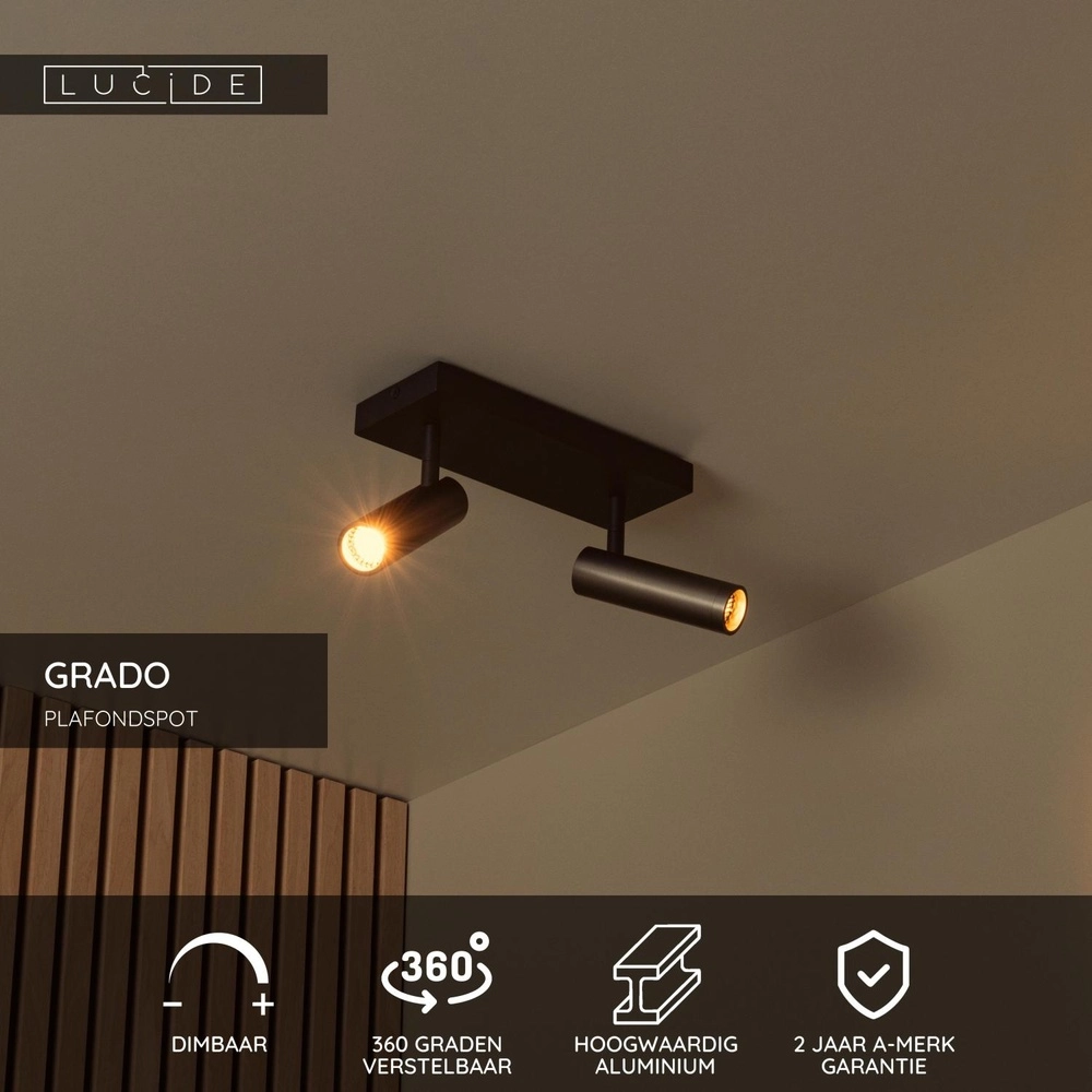 Sleek ceiling lamp Grado 2-light metallic grey Lucide 5411212221711