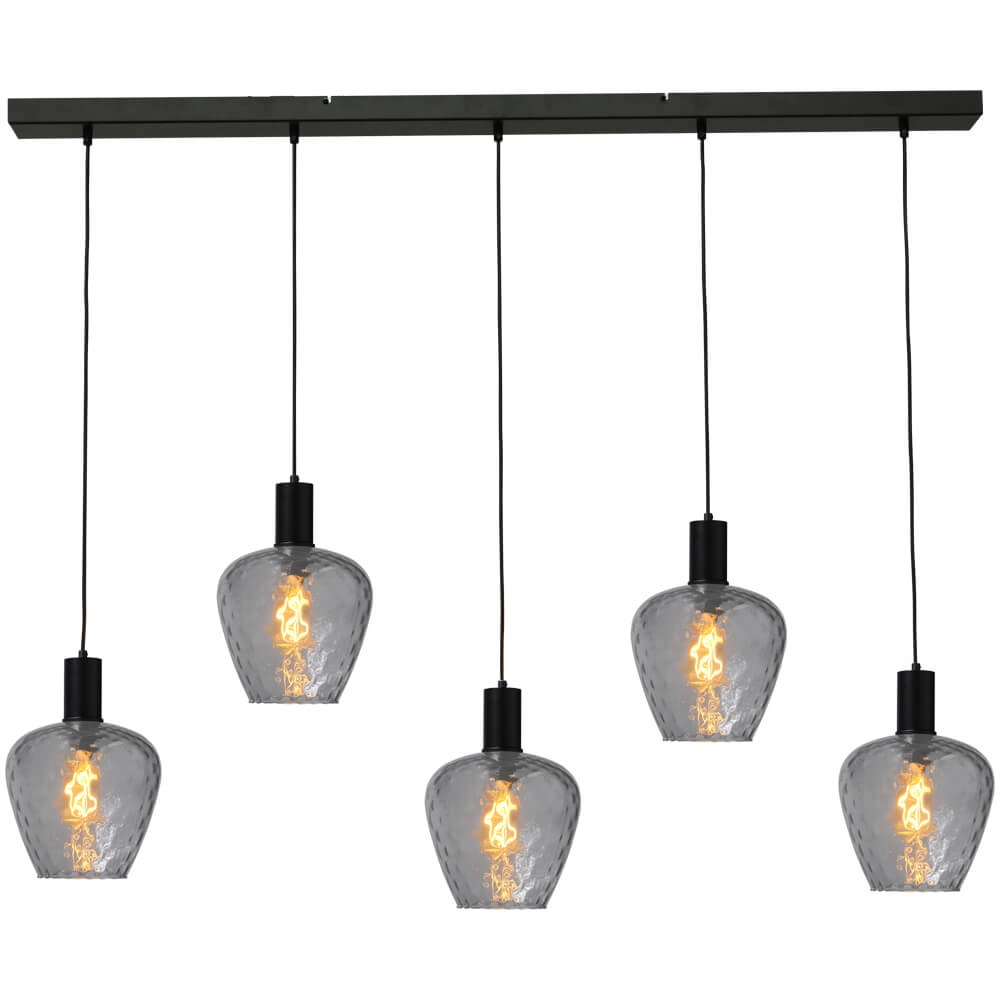 5-light hanging lamp - black - Porto with Diamond smoke glasses