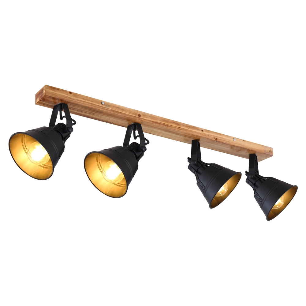 Country ceiling lamp Günther 4-light black with wood