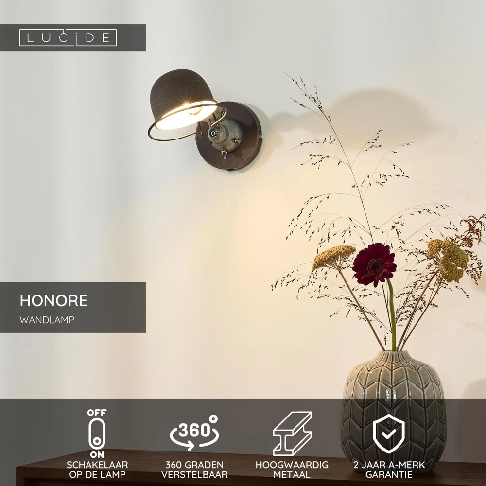 Classic wall lamp Honore Rusty brown Lucide 5411212450371