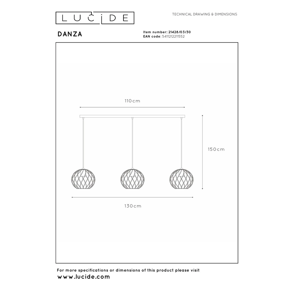 3-light pendant lamp Danza Black Lucide 5411212211552