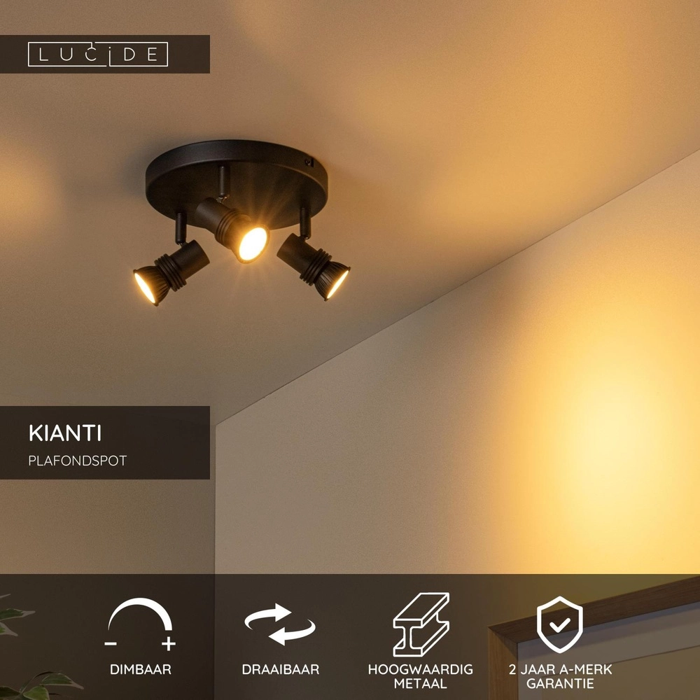 Ceiling spotlight Kianti 3-light black Lucide 5411212530875