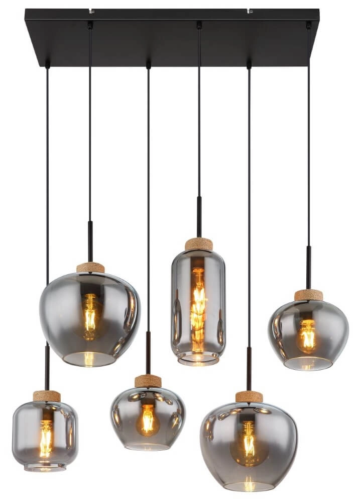 6-light pendant lamp Matt black with wood Globo 9007371441518