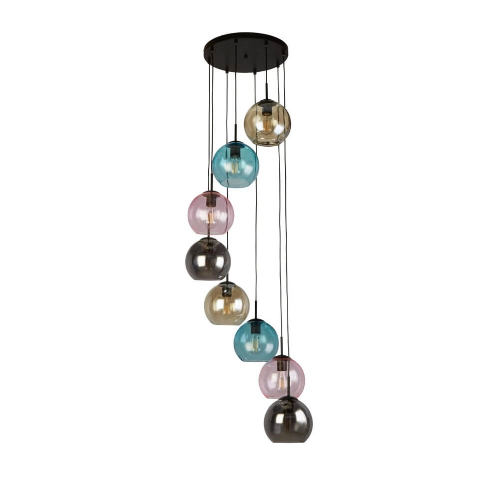 8-light pendant lamp Mardi Gras II with multiple colors of glass