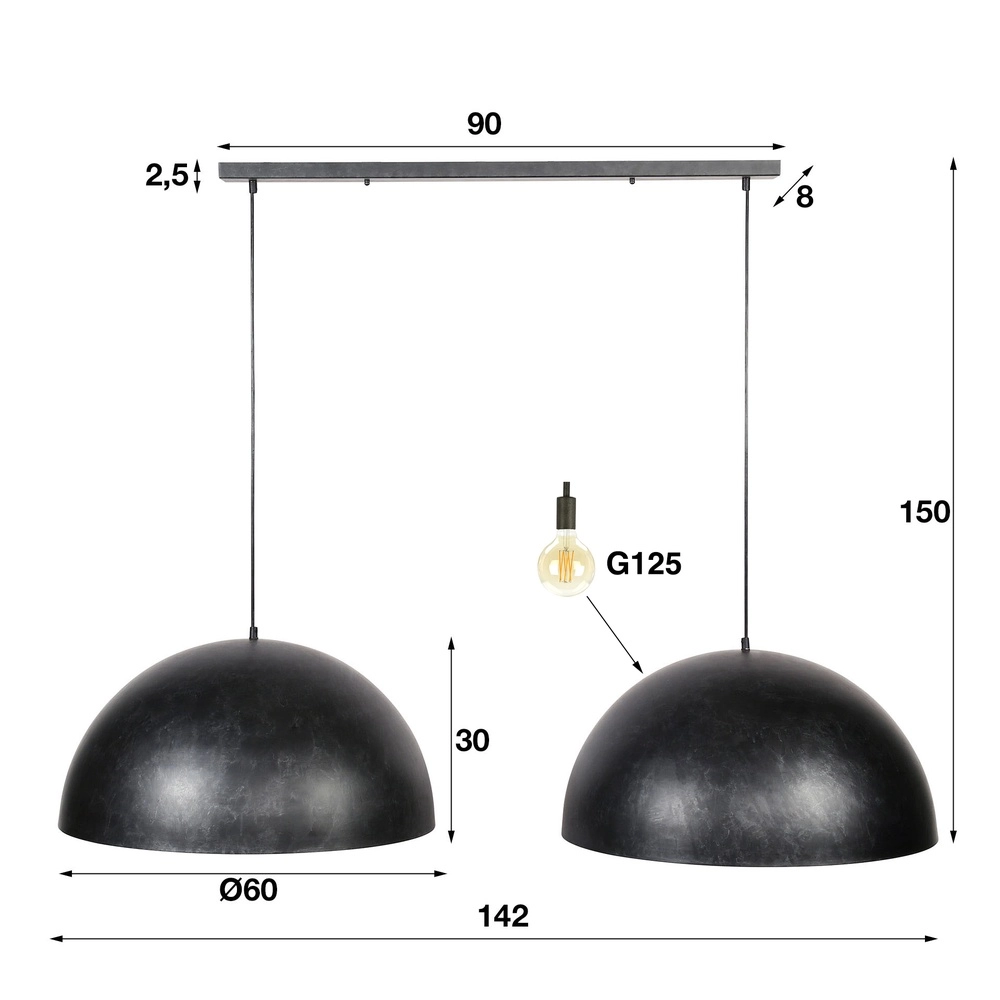 Industrial pendant lamp Dome 2x Ø 60cm - charcoal Lyora 8716803512566