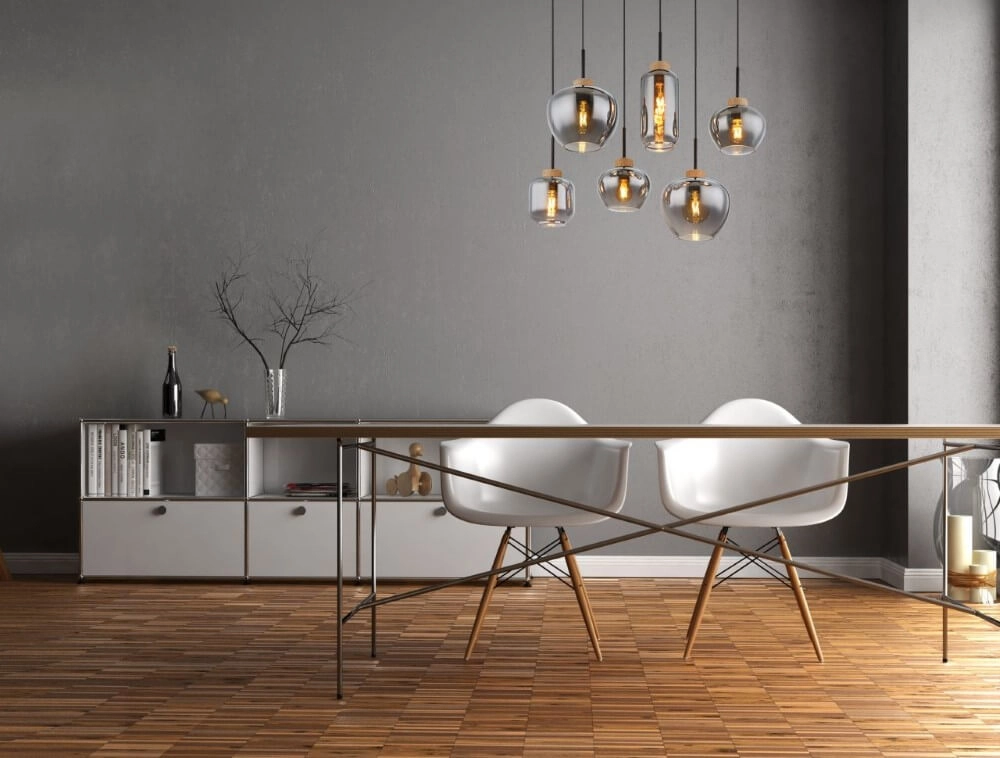 6-light pendant lamp Matt black with wood Globo 9007371441518