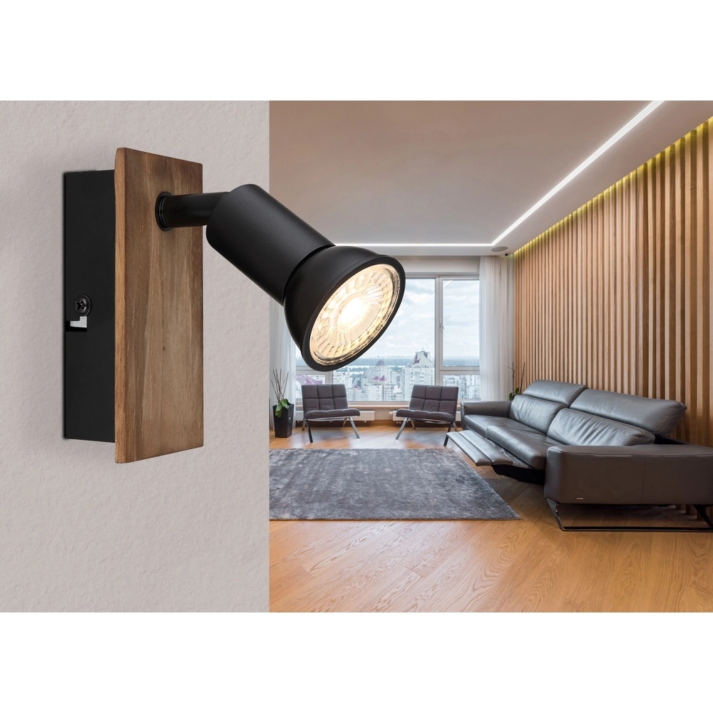 Surface-mounted spot Drew black with wood Globo 9007371442775