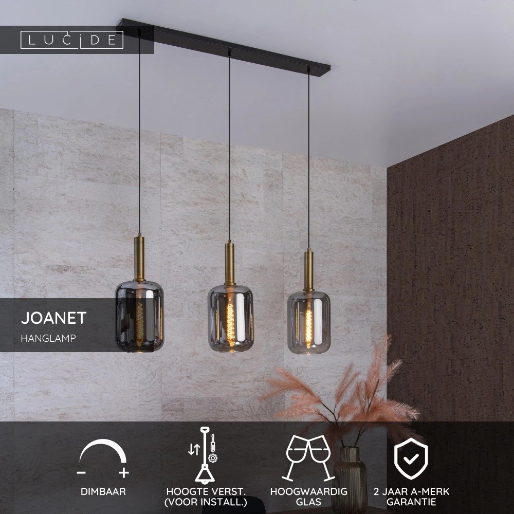 3-lichs pendant lamp Joanet Straight gold with smoke glass Lucide 5411212451989