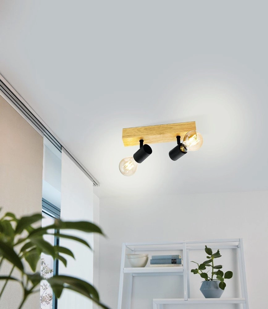 Country ceiling lamp Townshend 3 2-light black with wood Eglo 9002759994785