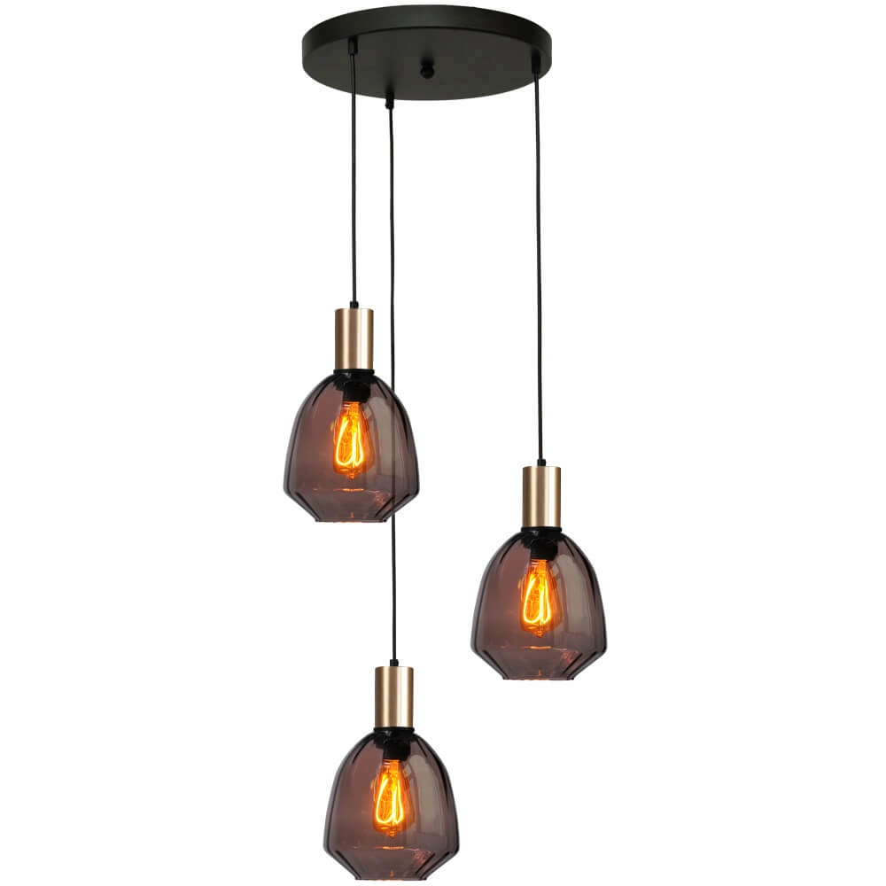 3-light loft hanging lamp - gold - Porto with Nicolette red glasses
