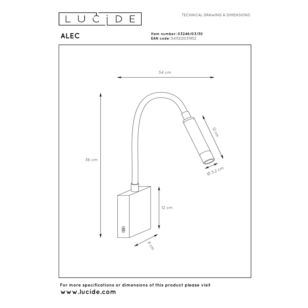 Bedside lamp Alec black with USB port Lucide 5411212031952