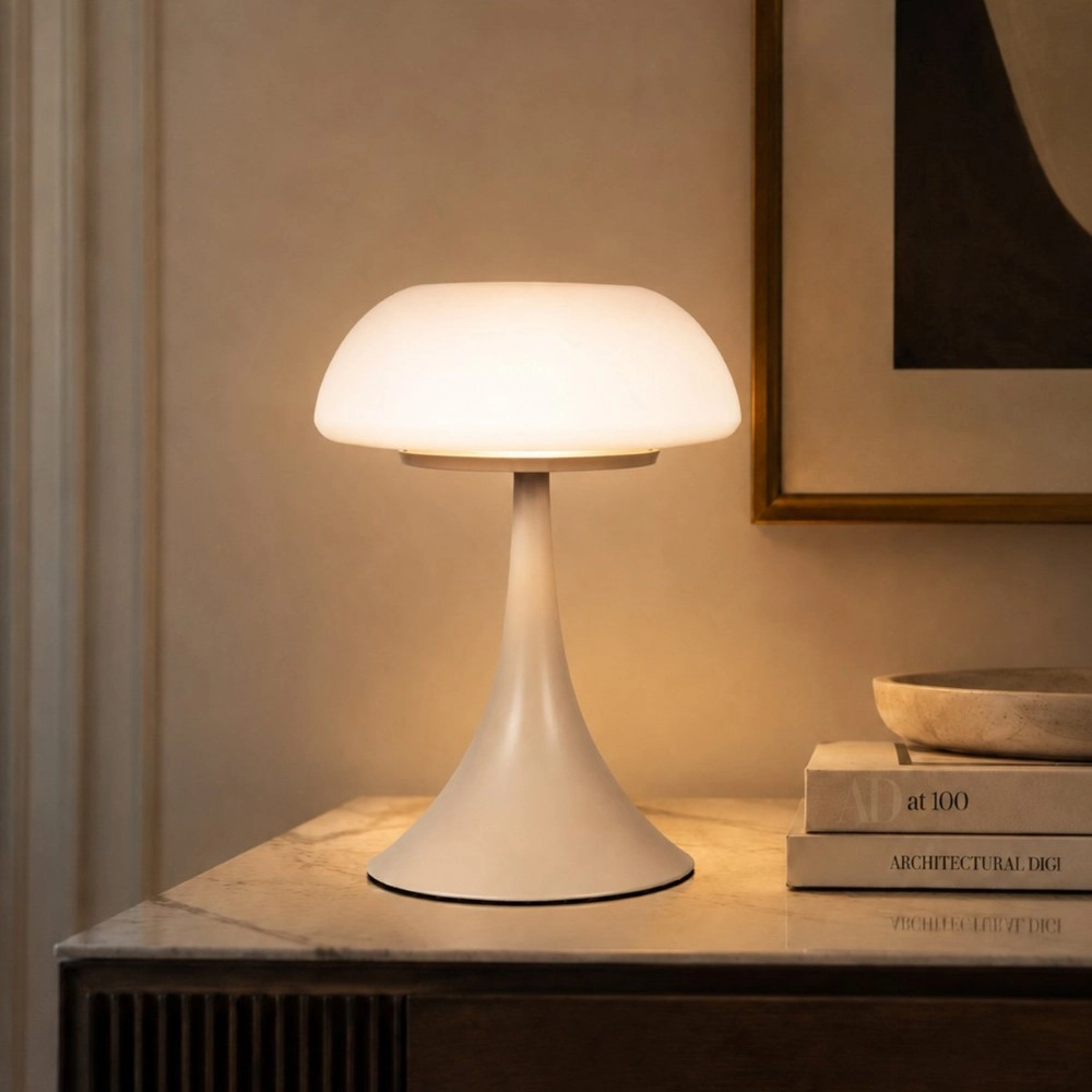 Table lamp Ancilla sand brown with white glass