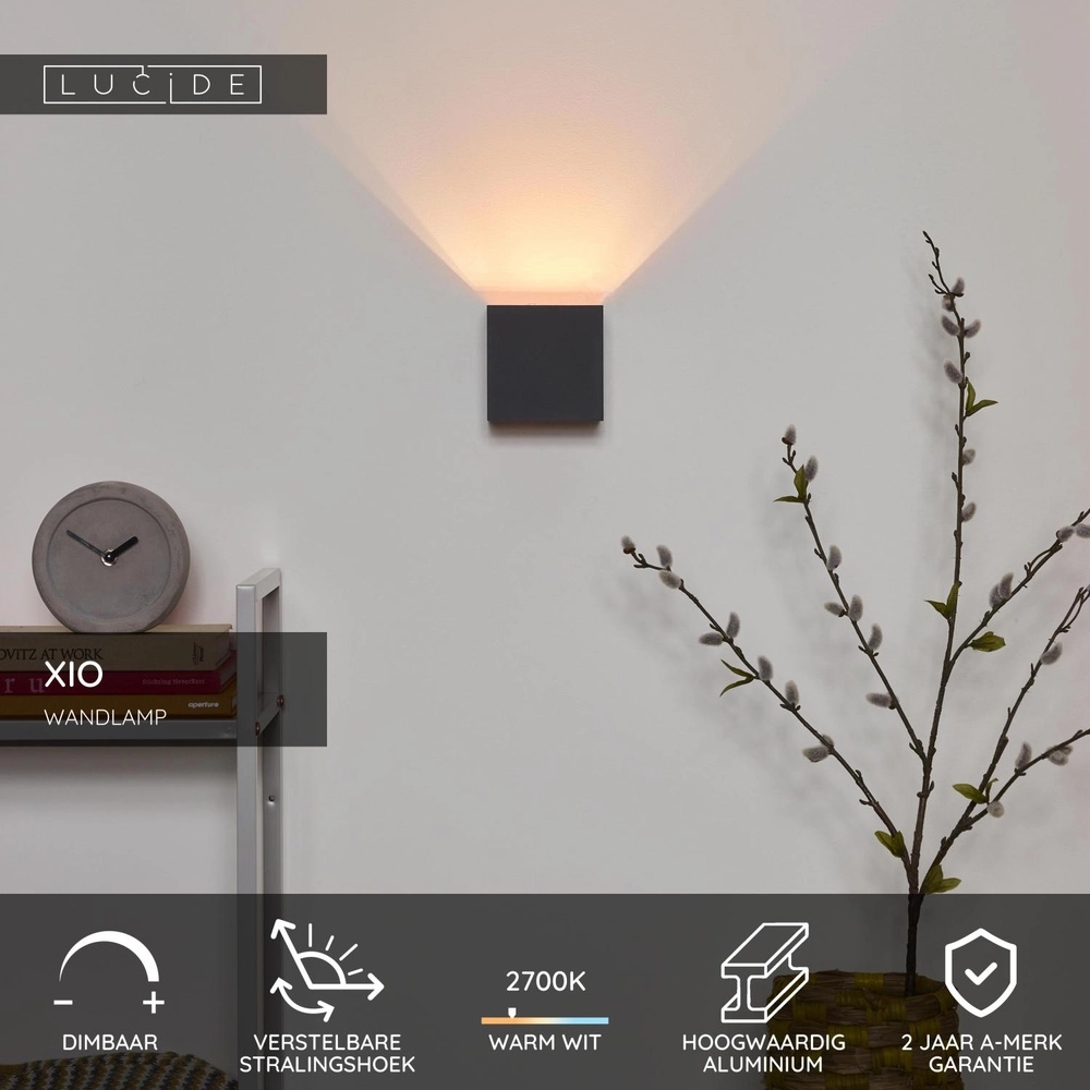 Square wall spotlight Xio 2700K grey Lucide 5411212091901