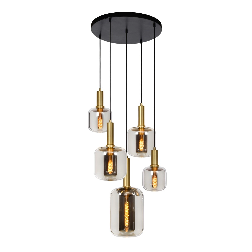 5-light pendant lamp Joanet Ø 66cm gold with smoke glass