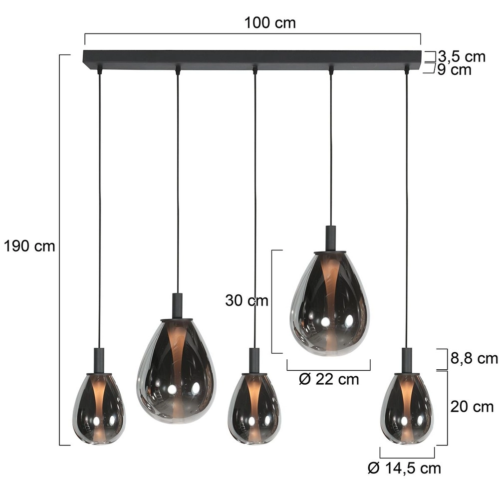 Pendant lamp Glimsy 5-light black with smoke glass Steinhauer 8712746177954