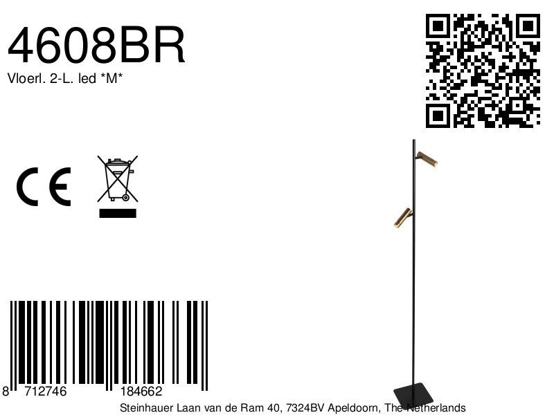 Floor lamp 2-lights Lumo black with gold Steinhauer 8712746184662