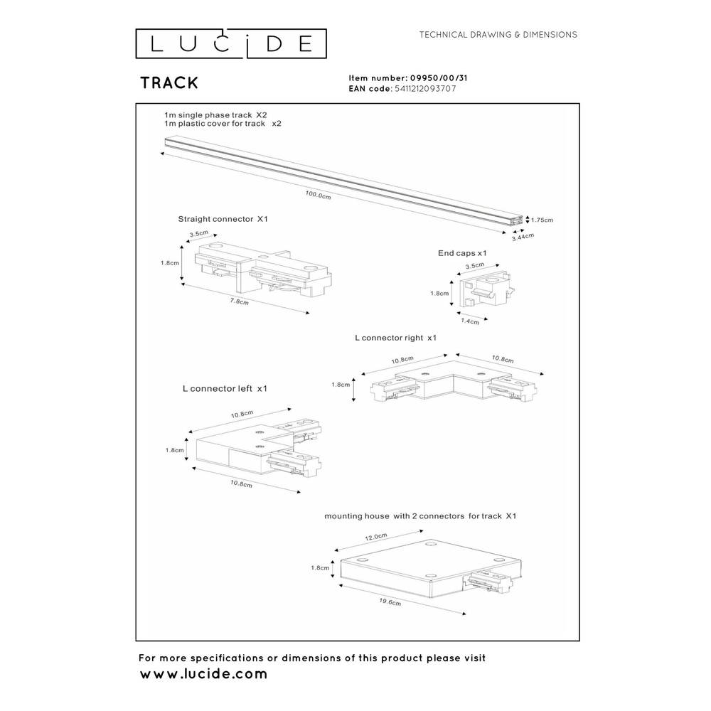 Track lighting starter set Track 1-phase white Lucide 5411212093707