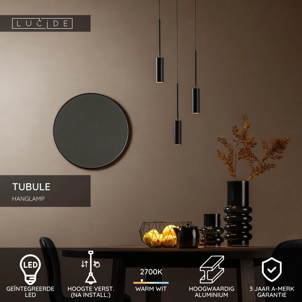 3-light design pendant lamp Tubule Black Lucide 5411212241863